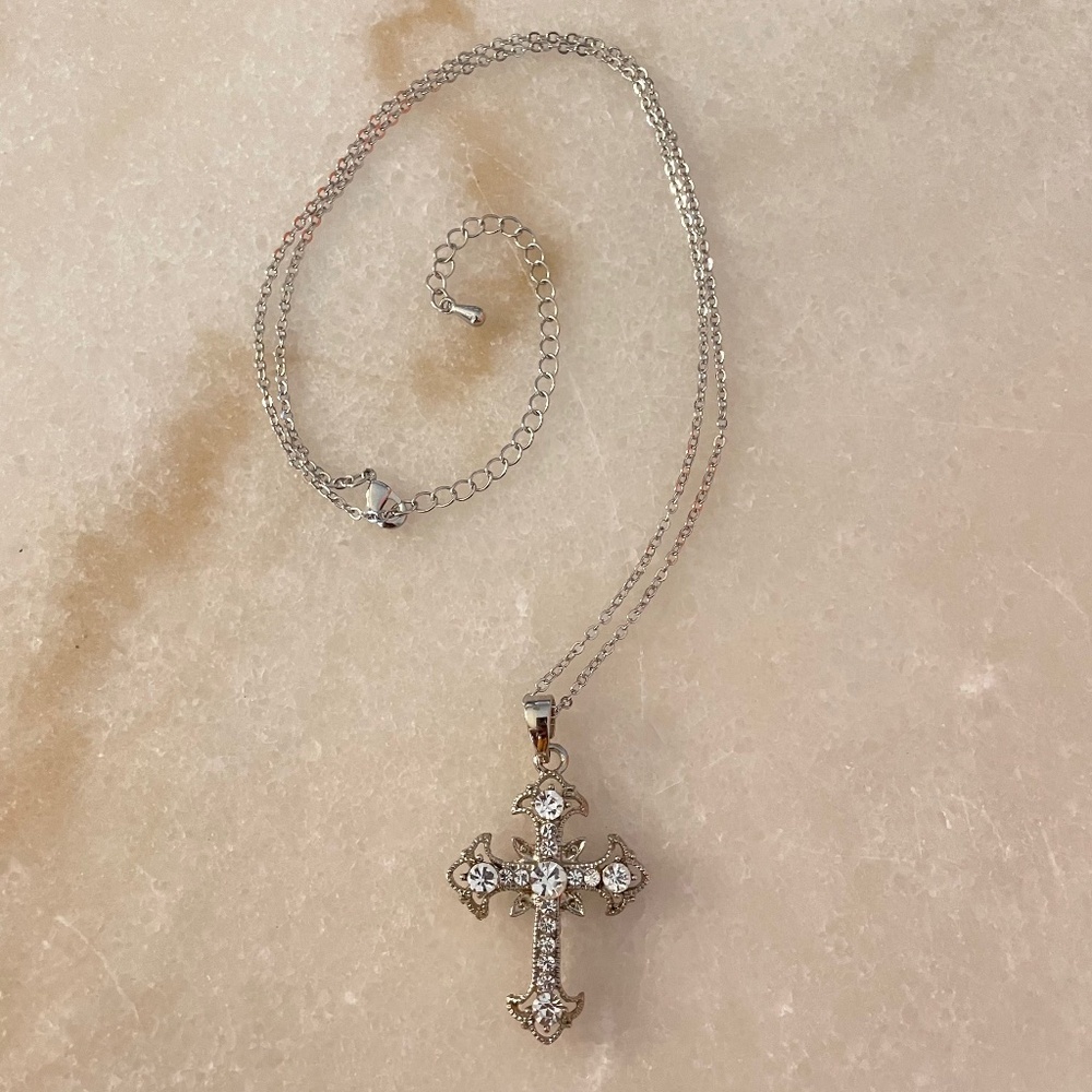 Silver Diamond Cross Pendant Necklace